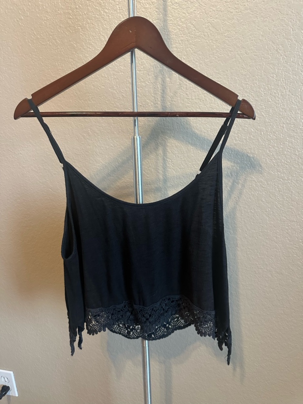 Boho painted threads Black Crochet-Hem Spaghetti Strap Camisole
